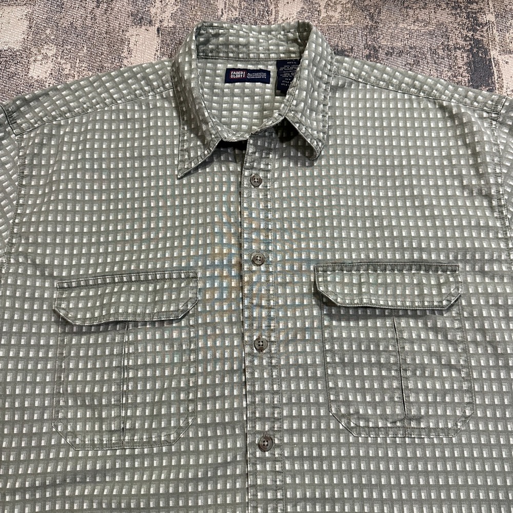 Faded Glory Button Down Shirt Mens XL Green Geometric‎ Short Sleeve